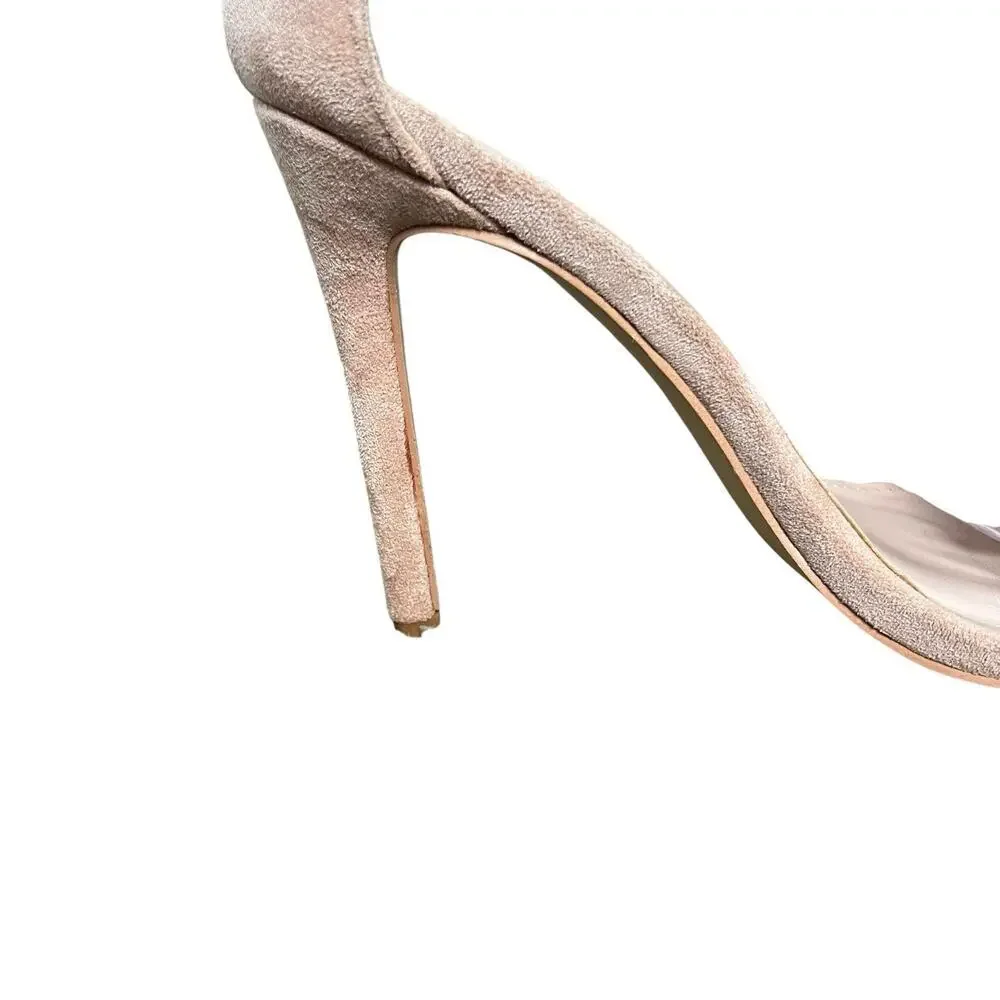 Simmi London Tan Beige Suede Stiletto Heel Feathered Sandals Size 8